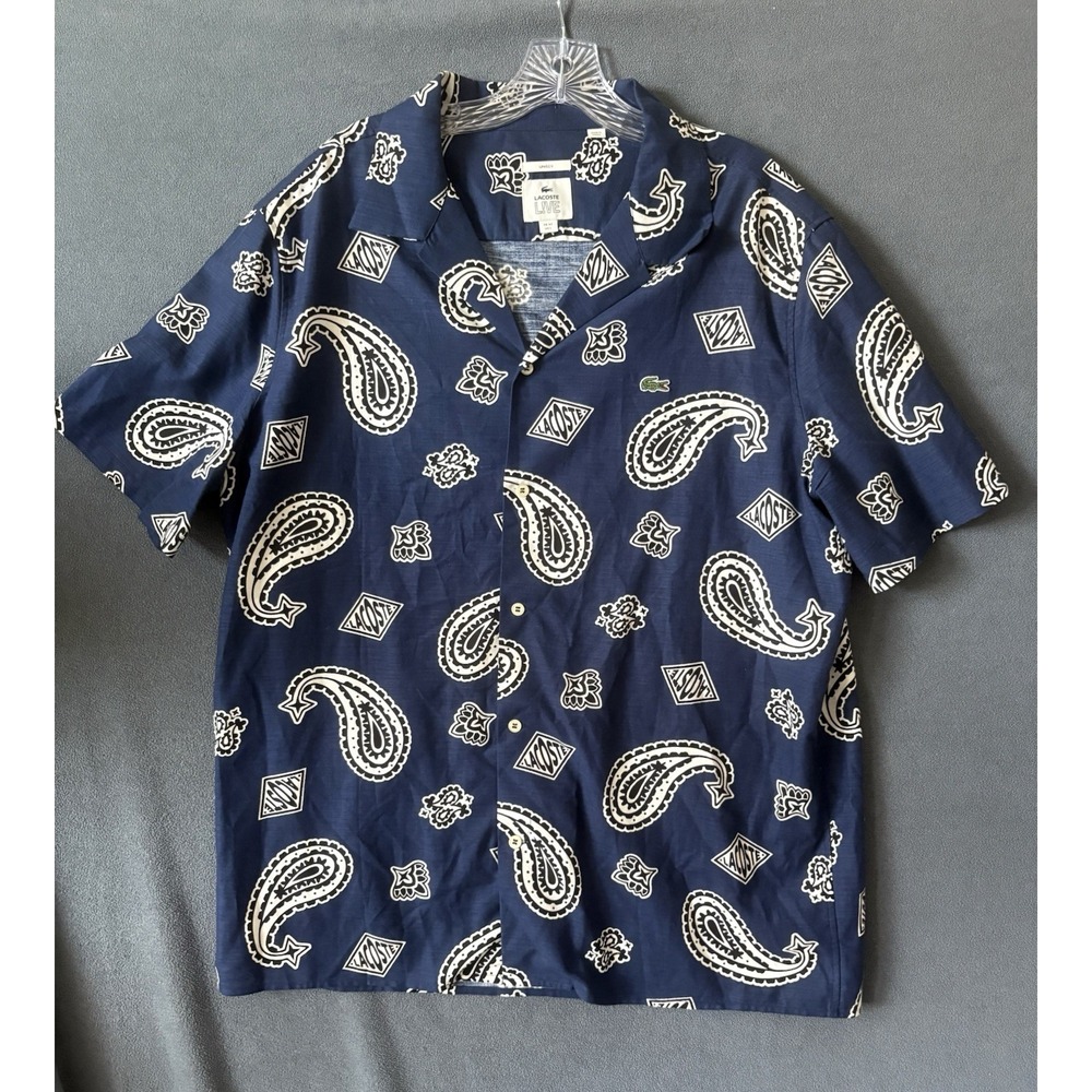 Lacoste Live Navy Blue Diamond Paisley All Over Logo Print Shirt Unisex Large